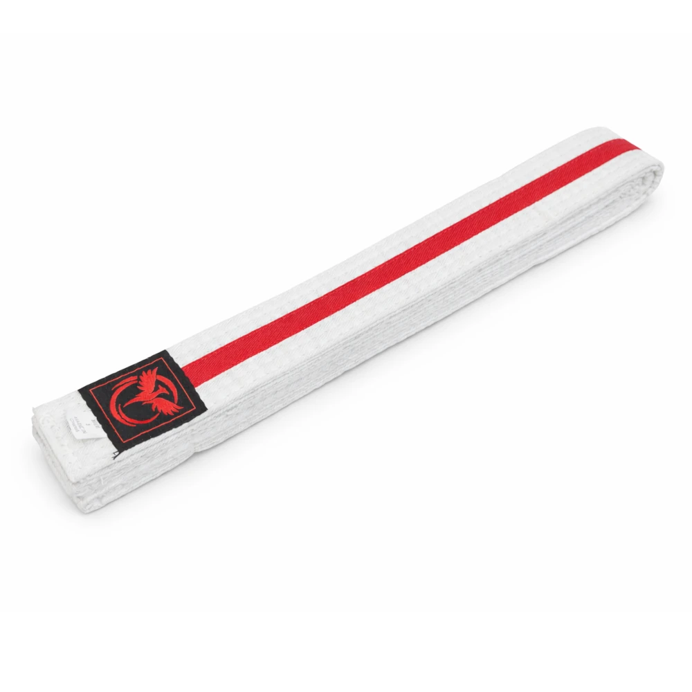 White belt with a red stripe and black logo on a white background