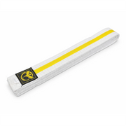 White martial arts belt with a yellow stripe and black belt patch on a white background