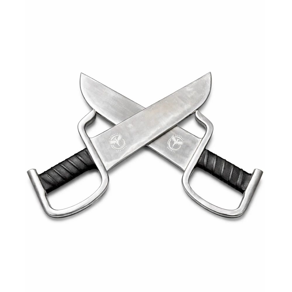 Two crossed wing chun knives with black handles on a white background