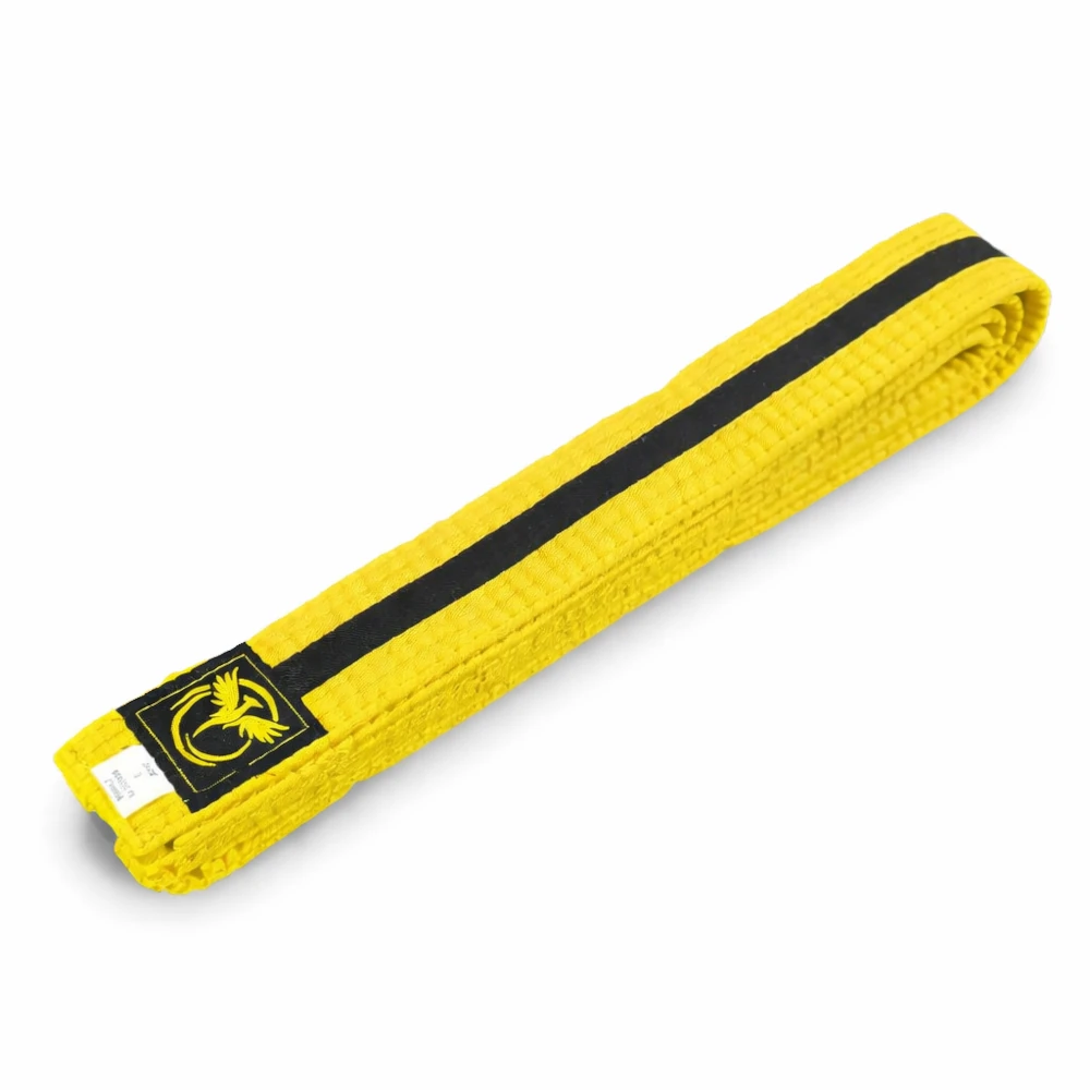Yellow belt with a black stripe and logo on a white background