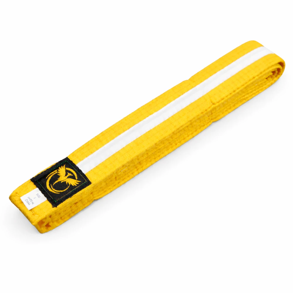 Yellow belt with a black strap featuring a logo on a white background