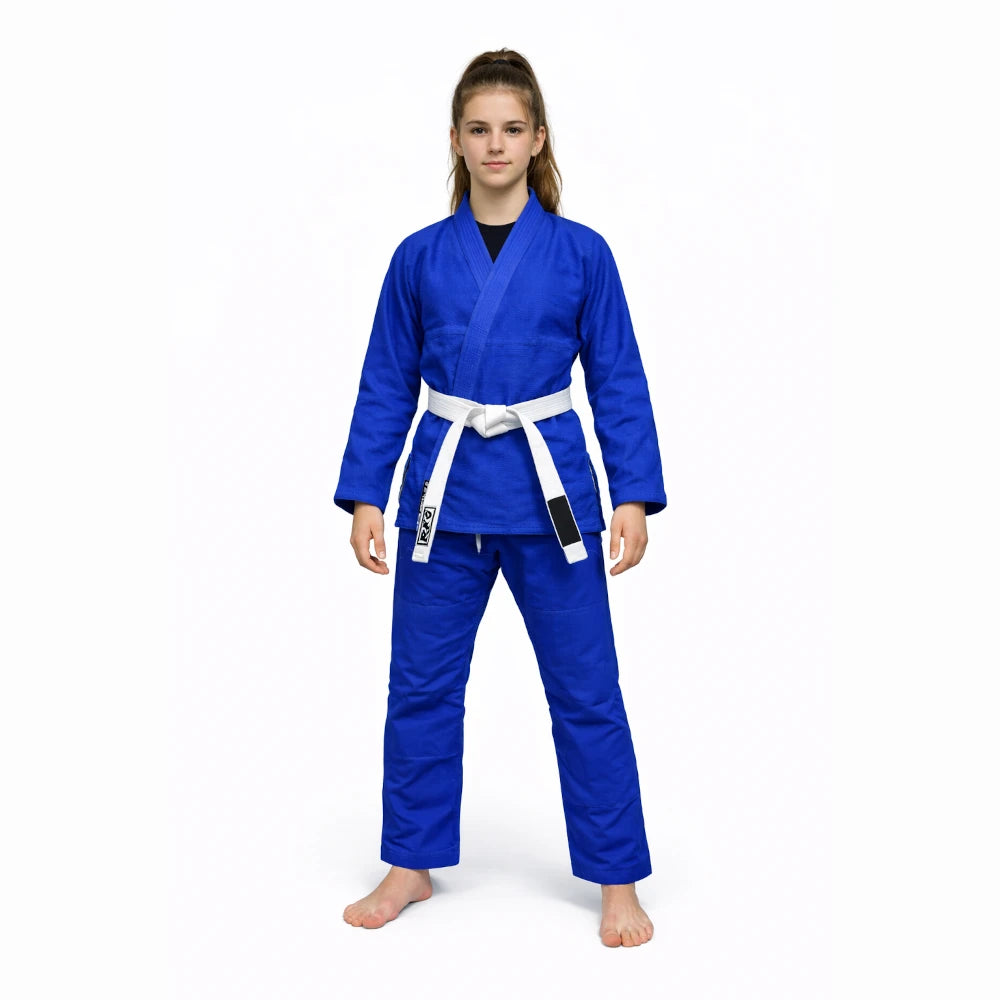 Person wearing a blue martial arts uniform with a white belt on a white background