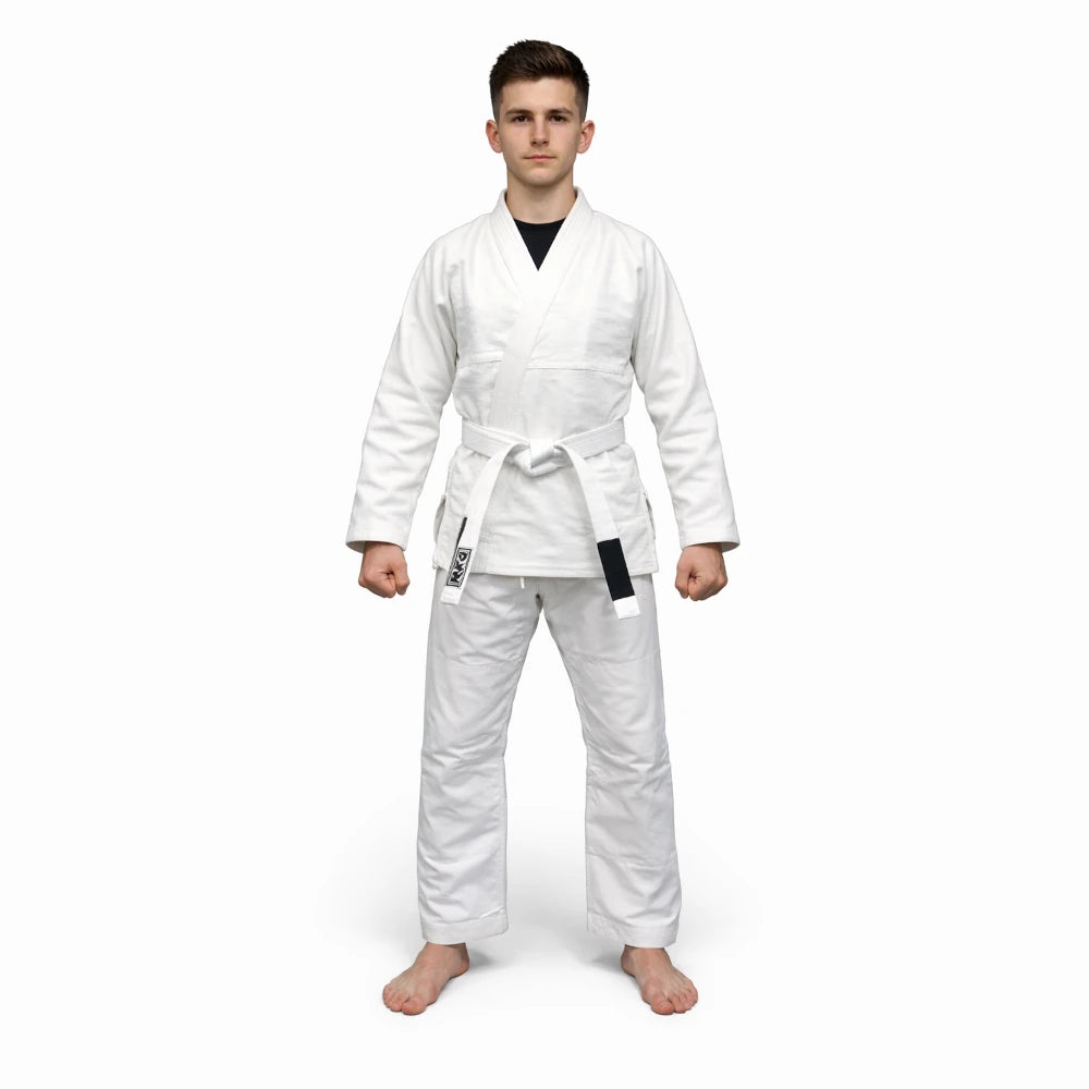 Person wearing a white martial arts gi on a white background