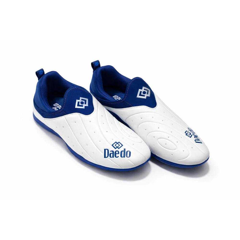 Pair of white and blue shoes with 'Daedo' branding on a white background