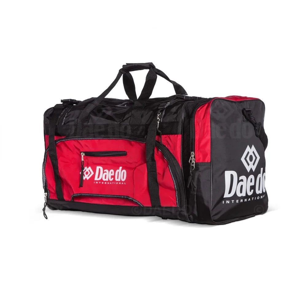 Red and black duffel bag with 'Dae do' branding on a white background