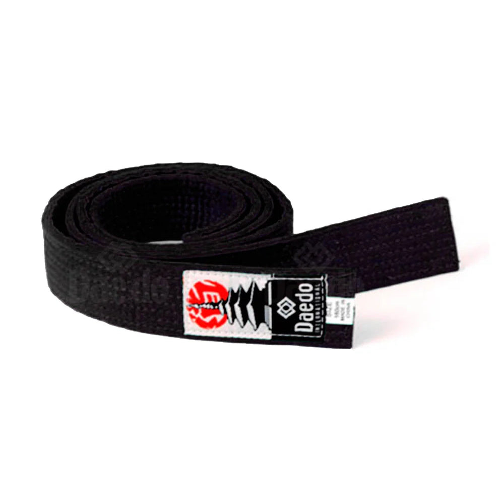 Black martial arts belt with a brand label on a white background