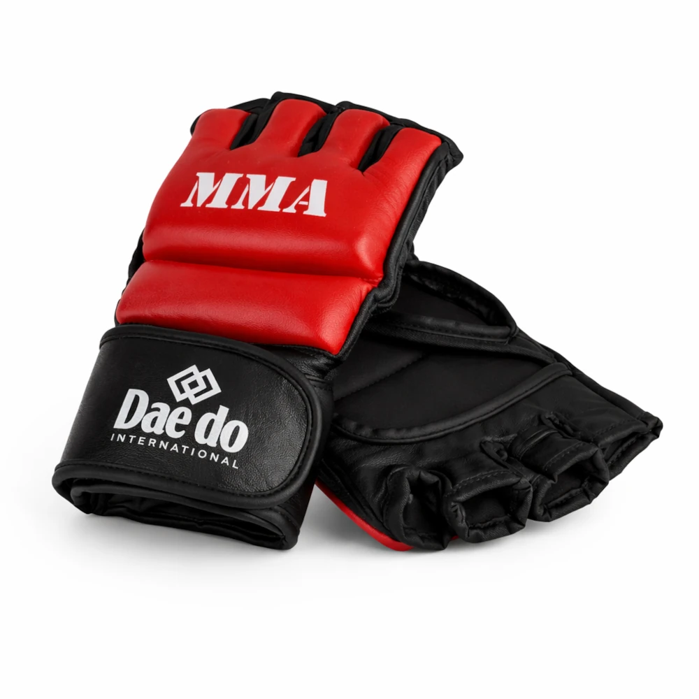 Red and black MMA gloves with 'Dae do International' branding on a white background