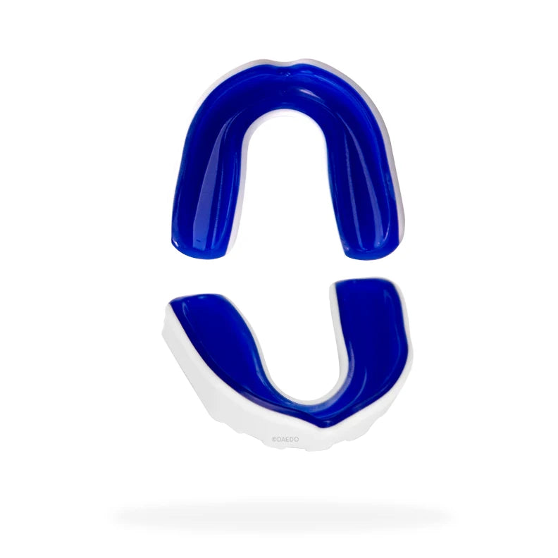 Blue and white mouthguard on a white background