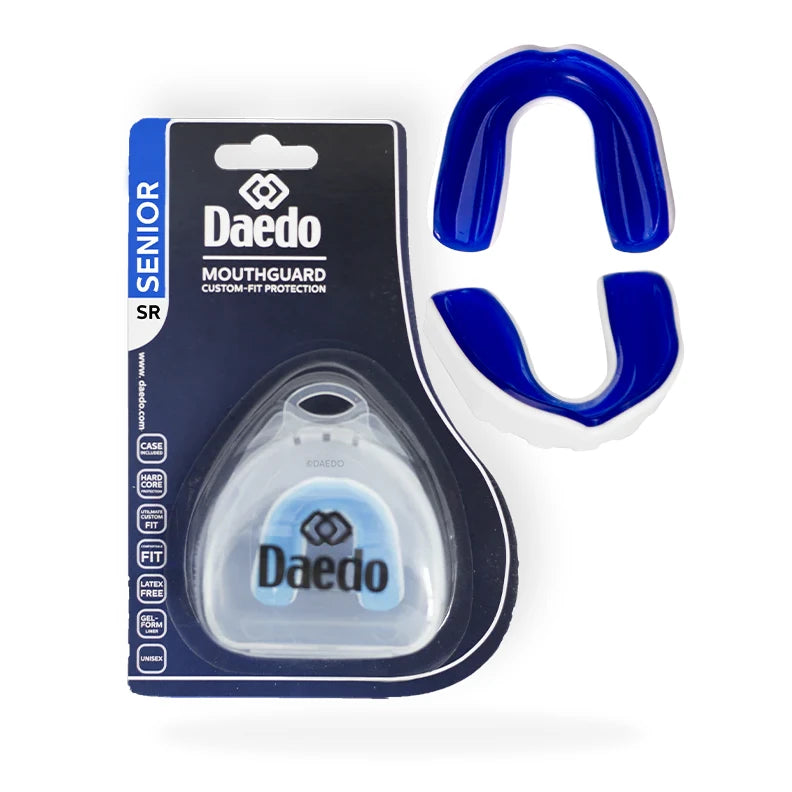 Daedo mouthguard packaging with blue mouthguard on a white background
