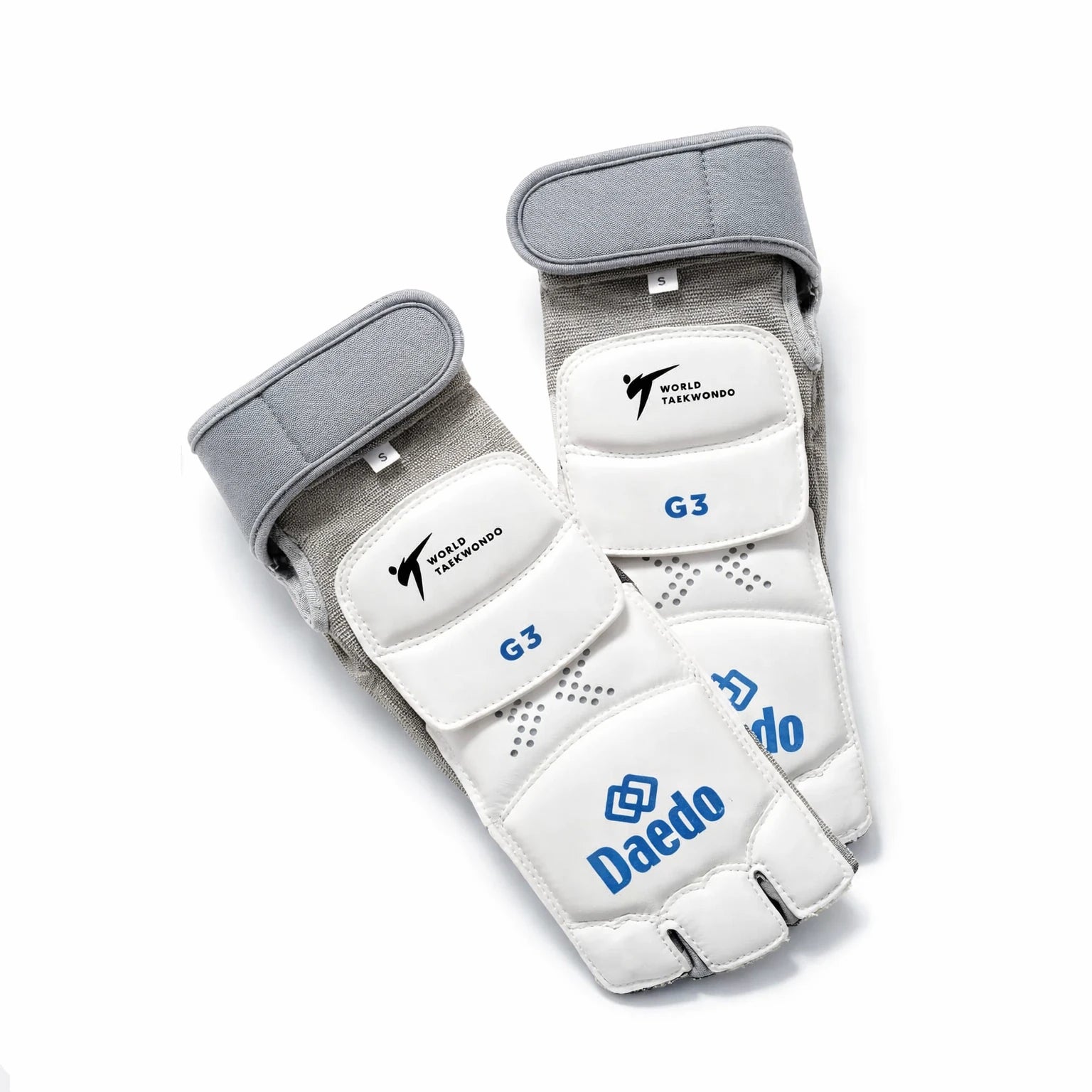 Pair of white and gray protective socks with 'Daedo' branding on a white background