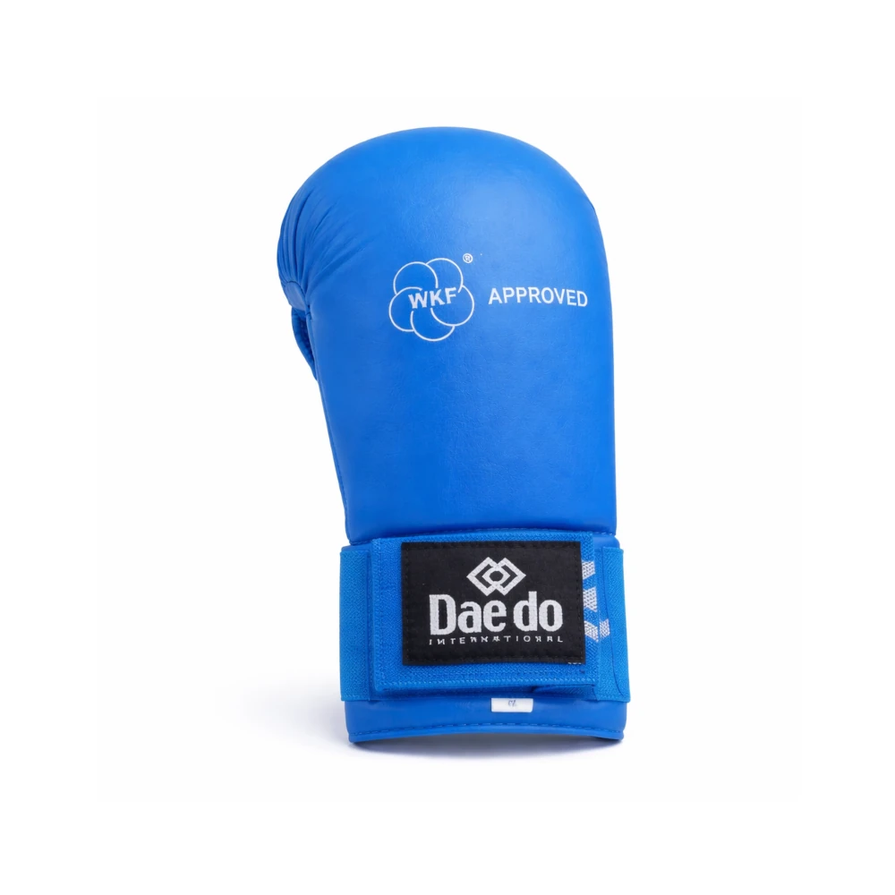 Blue boxing glove with WKF approval logo on a white background