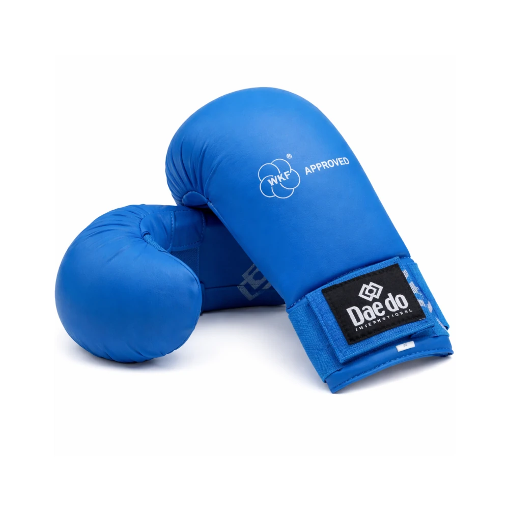 Blue martial arts gloves with WKF and Dae do logos on a white background