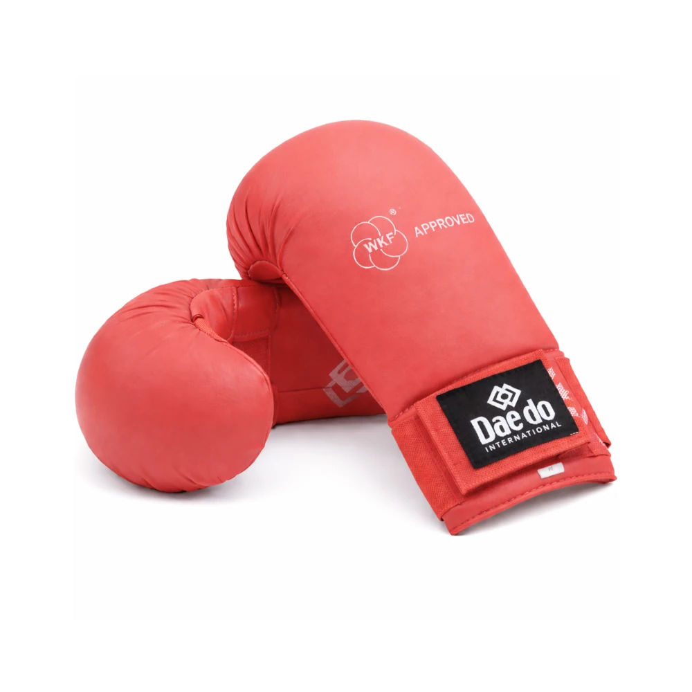 Red boxing gloves with 'Dae do International' and 'WWF Approved' labels on a white background