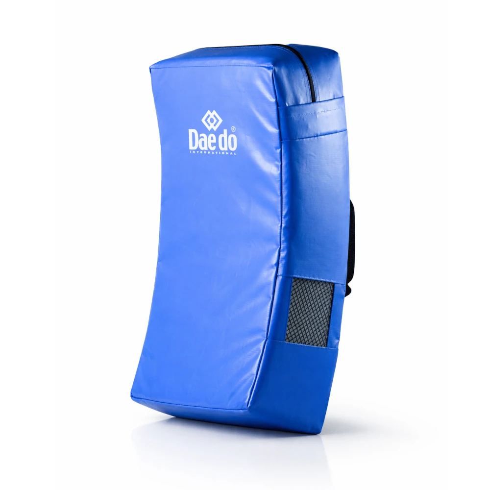 Blue martial arts kick shield with 'Daedo' branding on a white background