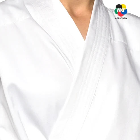 White martial arts uniform with WKF logo in the corner