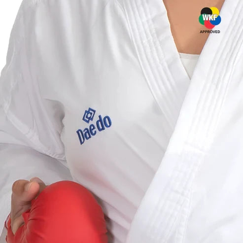 White martial arts uniform with Dae-do logo and WKF approval logo.