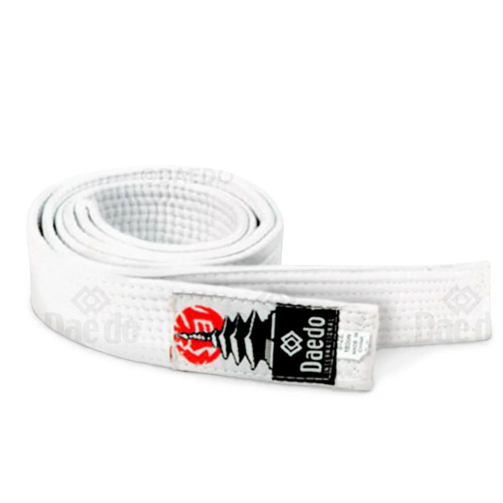 White martial arts belt with a brand logo on a white background
