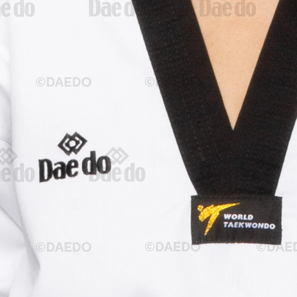 White martial arts uniform with black neck and visible branding on a white background