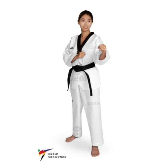 Female wearing a white martial arts uniform with a black belt on a white background, featuring World Taekwondo logo.