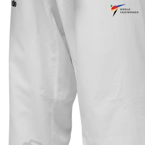 White taekwondo pants with World Taekwondo logo on a white background
