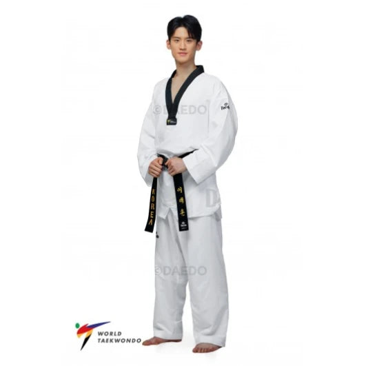 Male wearing a white Taekwondo uniform with a black belt on a white background