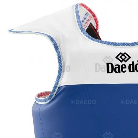 Blue and white protective vest with 'Dae do' branding on a white background