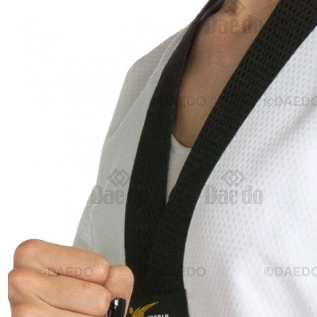 Person wearing a white martial arts uniform with a black b-neck on a white background