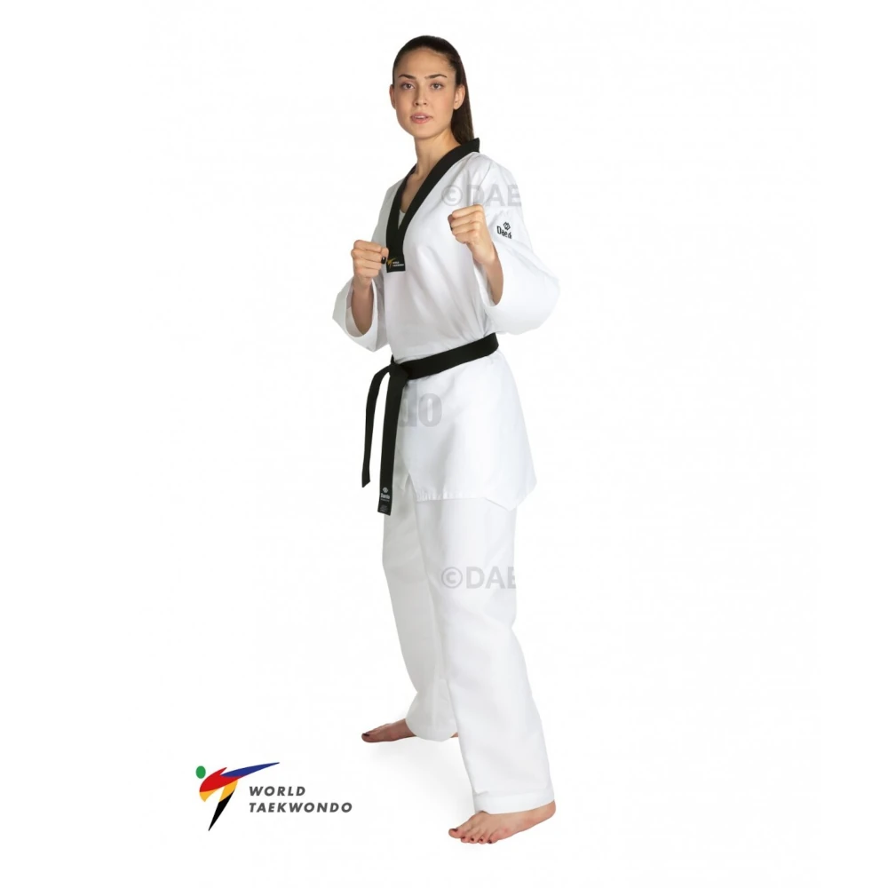 Woman wearing a white martial arts uniform with a black belt on a white background, featuring World Taekwondo logo.