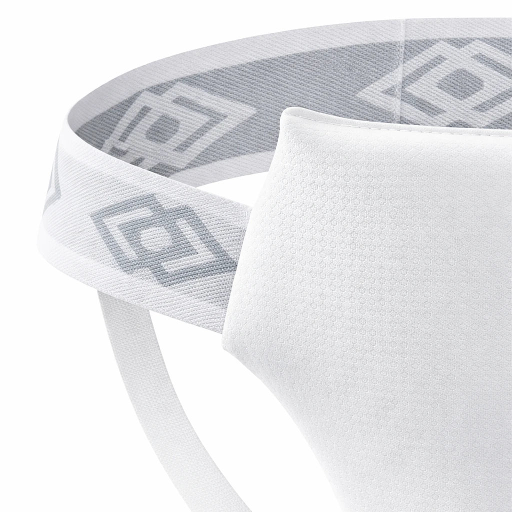White athletic groin guard with gray logo on a white background
