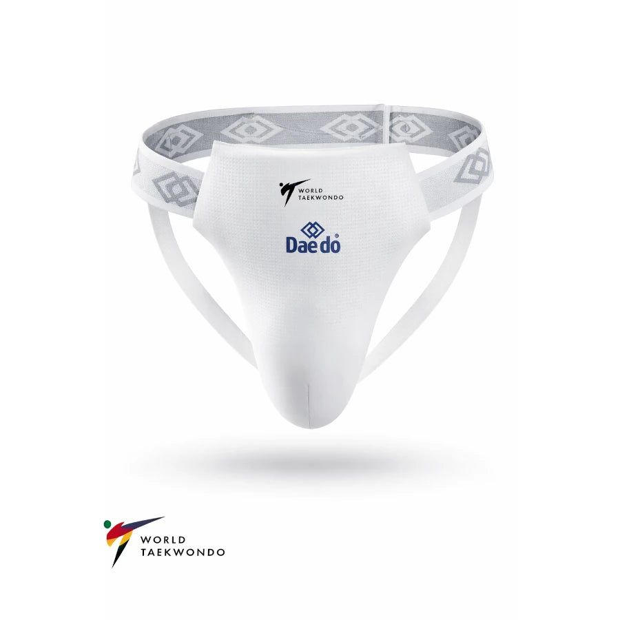 White taekwondo groin guard with brand logo on a white background