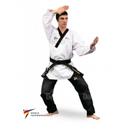 Male in a white martial arts uniform with a black belt on a white background