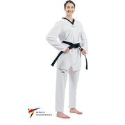 Woman wearing a white martial arts uniform with a black belt on a white background, featuring the World Taekwondo logo.