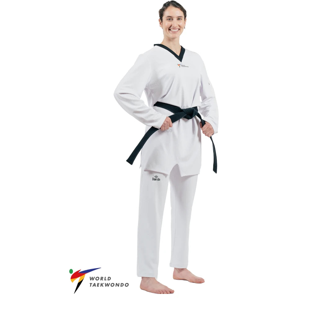 Woman wearing a white martial arts uniform with a black belt on a white background, featuring the World Taekwondo logo.