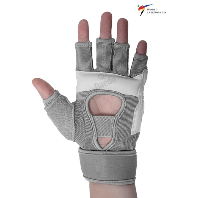 Gray half-finger glove on a white background with World Taekwondo logo.