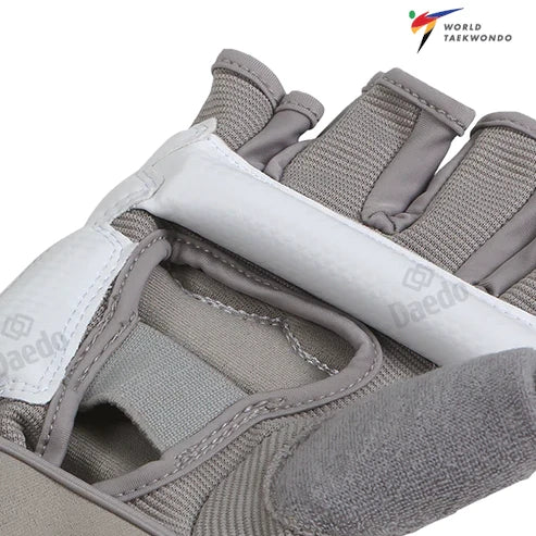 Close-up of gray martial arts gloves with World Taekwondo logo