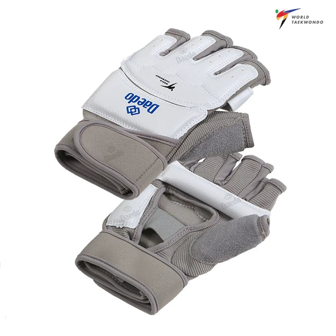 Pair of gray and white gloves with 'Degeo' branding on a white background
