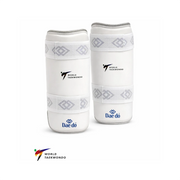 Pair of white shin guards with 'Dae do' and 'World Taekwondo' logos on a white background