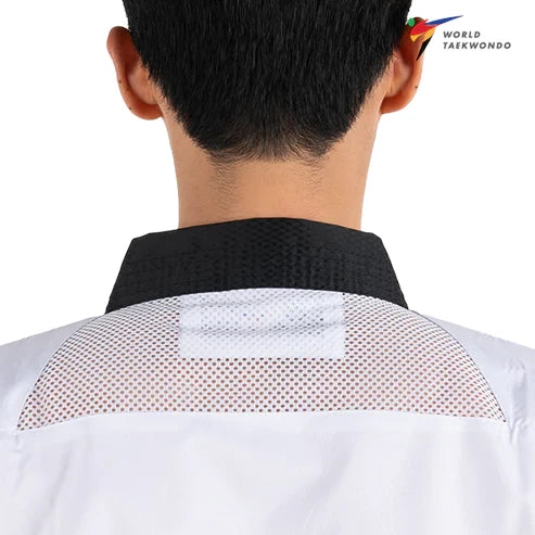 Person wearing a white martial arts uniform with a black neck on a white background, featuring 'World Taekwondo' logo.