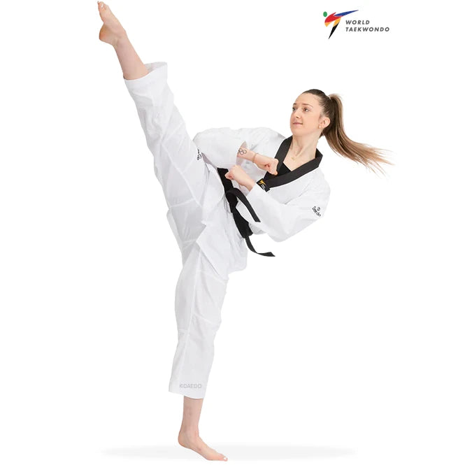Woman in a white martial arts uniform with a black belt performing a high kick on a white background, with World Taekwondo logo.