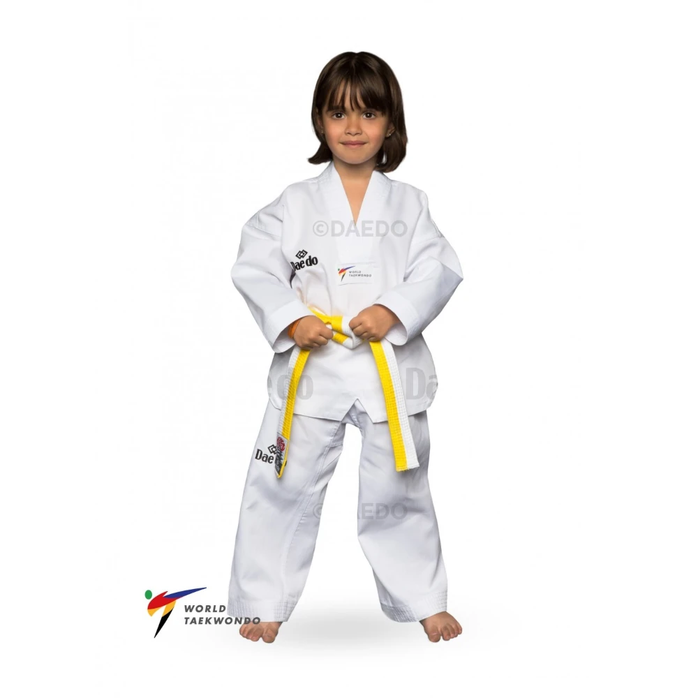 Child wearing a white martial arts uniform with a yellow belt on a white background