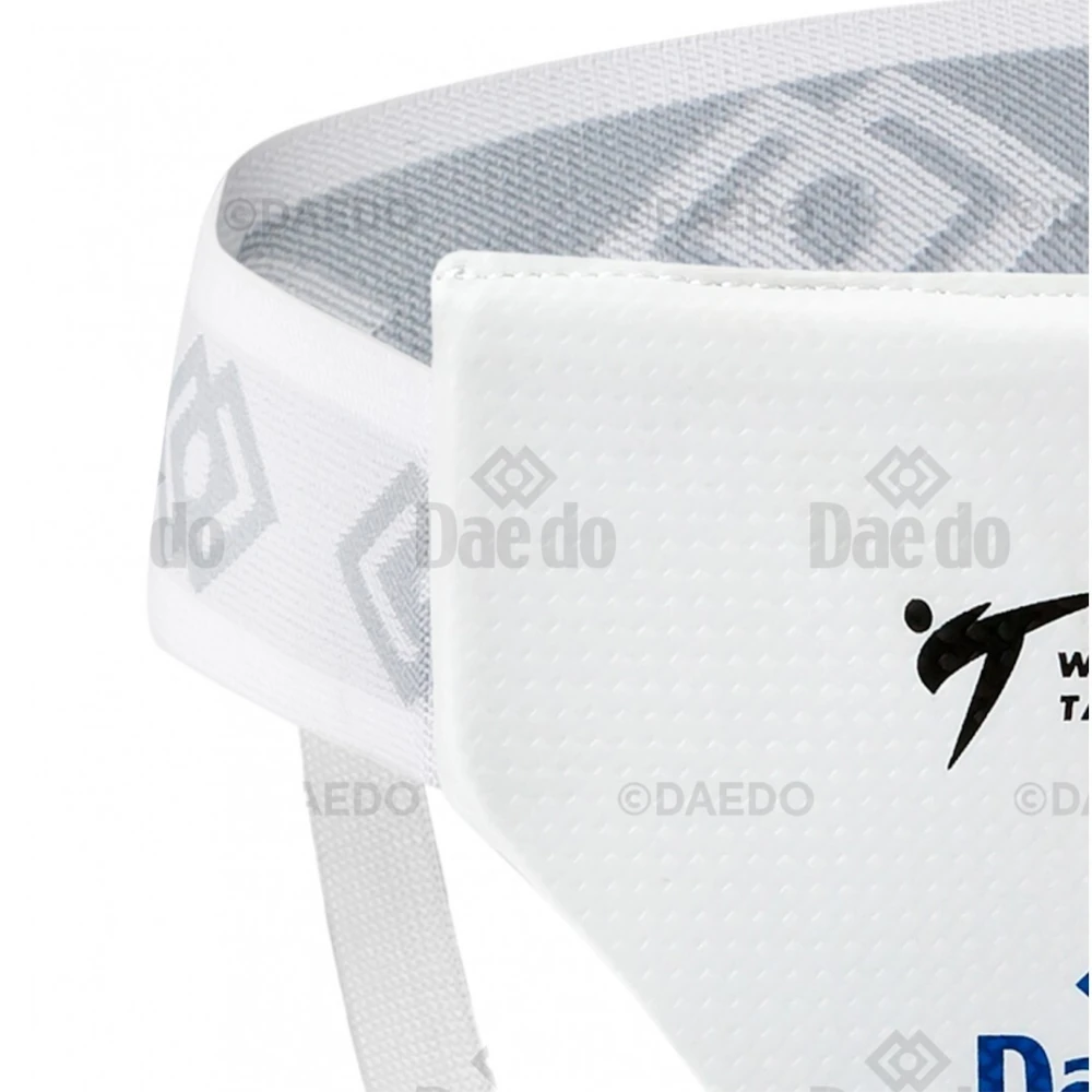 White groin guard with gray mesh and visible branding on a white background