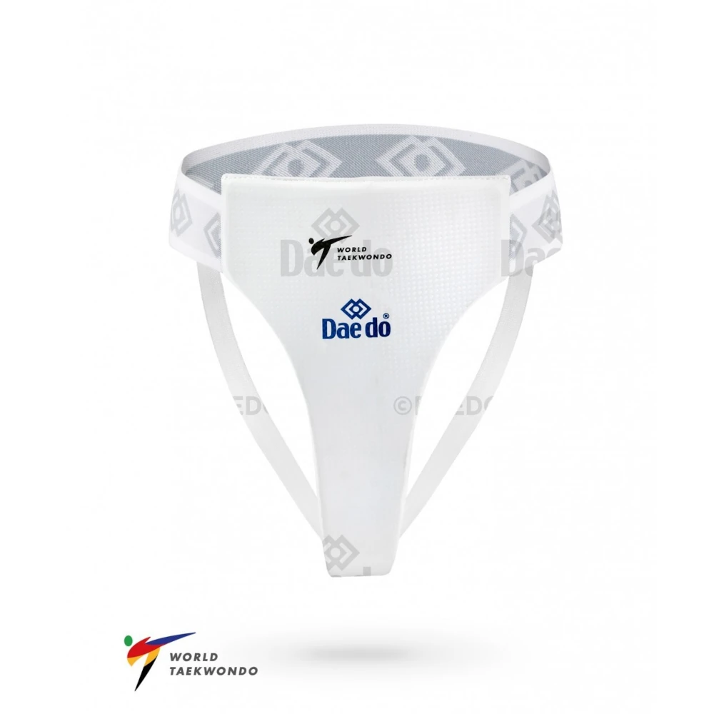 White female taekwondo groin guard with gray waistband on a white background, featuring Dae do and World Taekwondo logos.