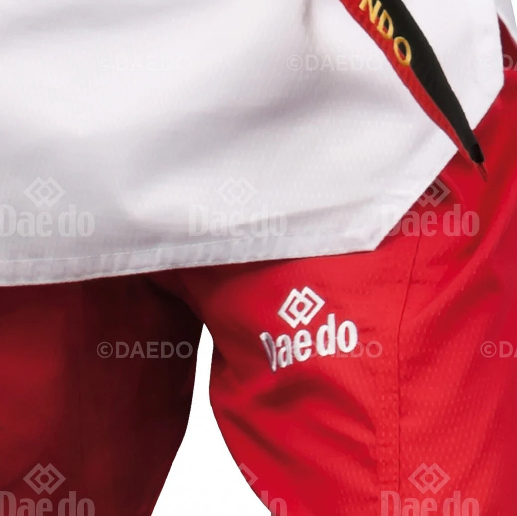 Red martial arts uniform with white collar and 'Daedo' logo on a white background