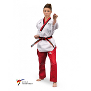Woman wearing a white and red martial arts uniform with a black belt on a white background, featuring World Taekwondo logo.