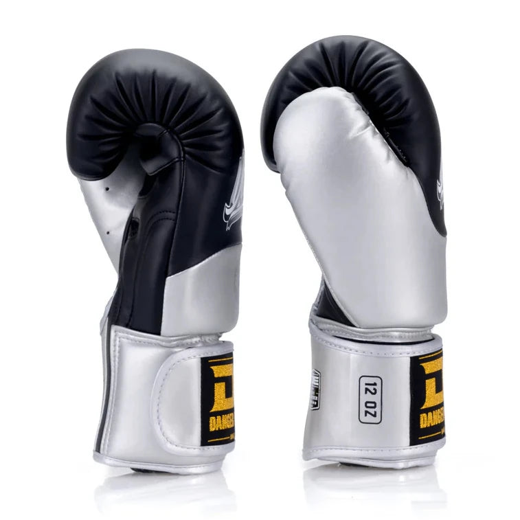 Pair of black and silver boxing gloves with brand logo on a white background