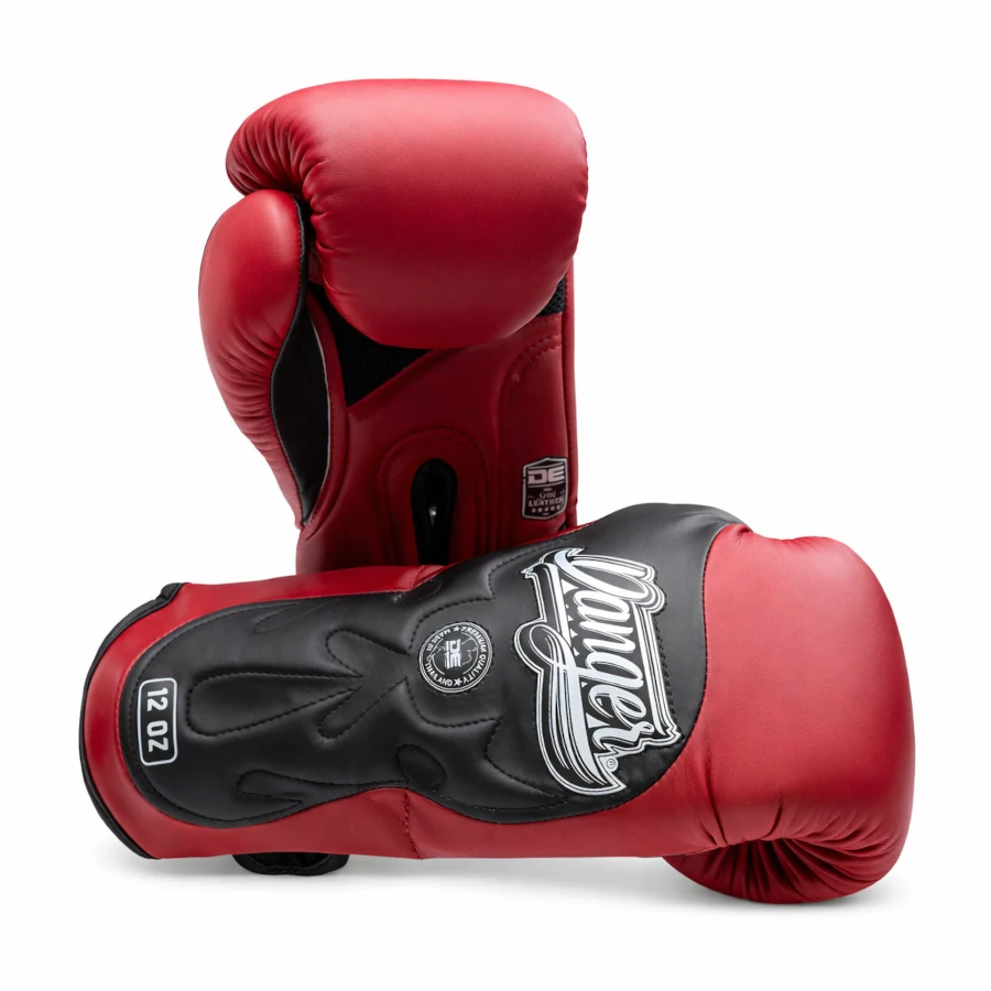 Red Danger boxing gloves with black accents on a white background