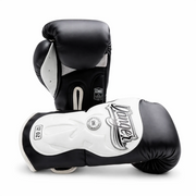 Pair of black and white Danger boxing gloves with a brand logo on a white background