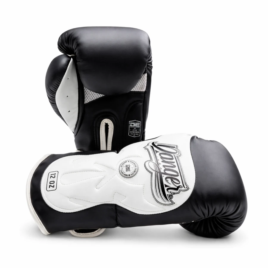 Pair of black and white Danger boxing gloves with a brand logo on a white background