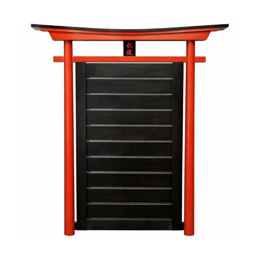 Red and black Japanese belt display rack gate on a white background