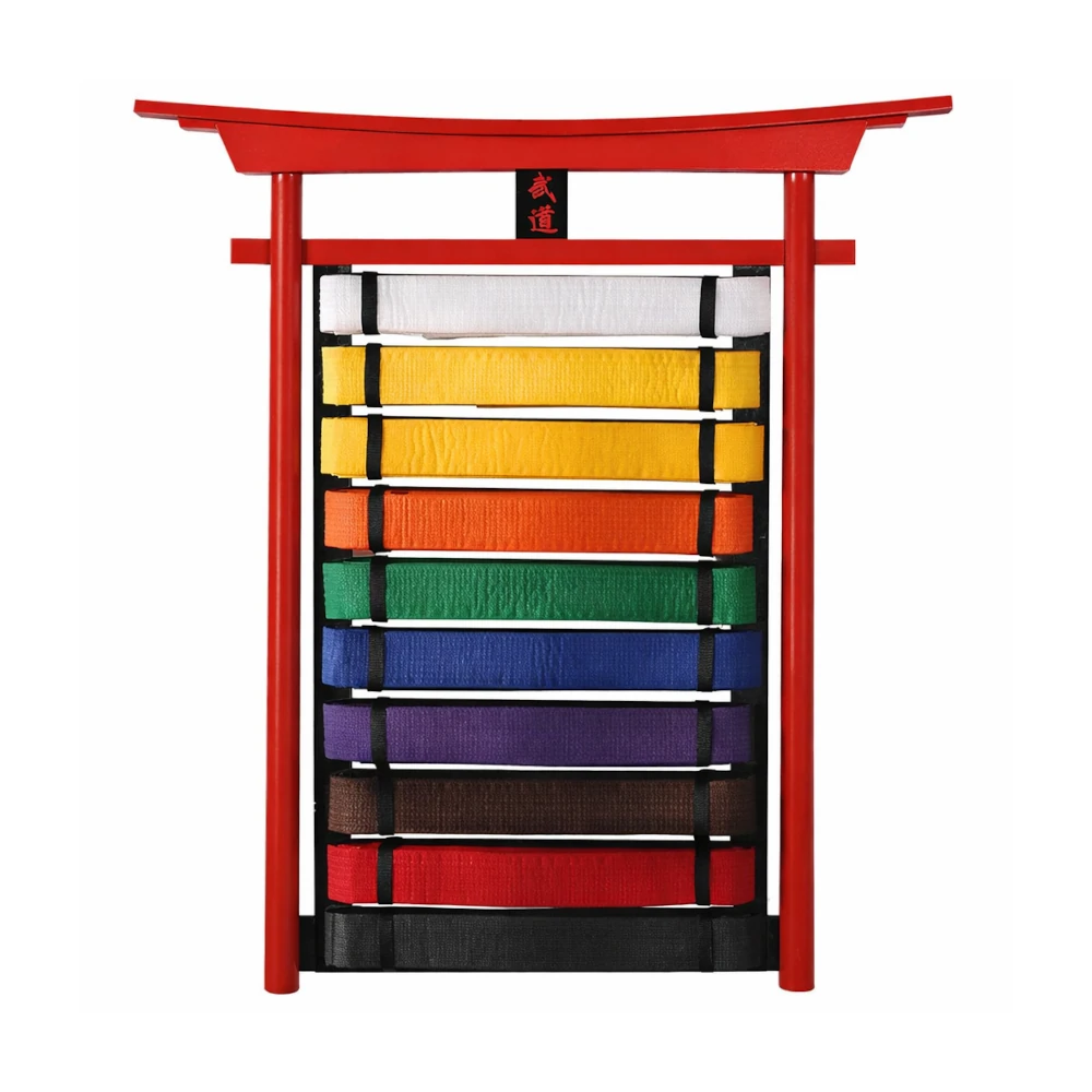 Red martial arts belt rack with various colored belts on a white background